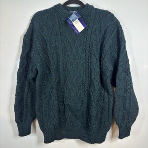 Avoca XL Blue Green Chunky Aran Cable Knit Sweater Irish Wool Fishermen Pullover